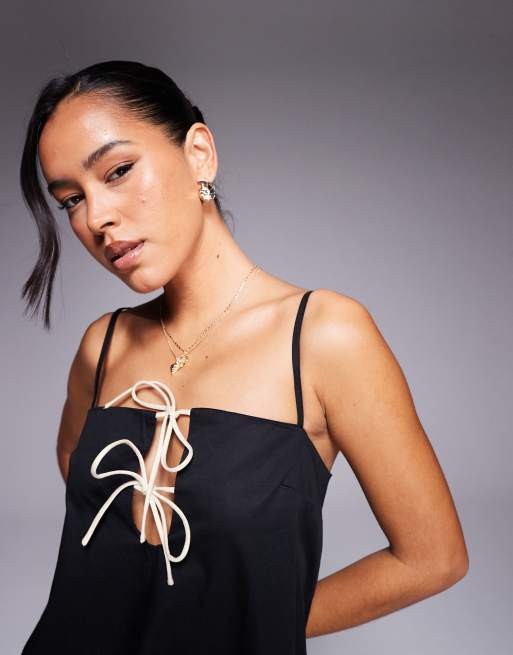 Princess Polly contrast tie front babydoll mini dress in black | ASOS