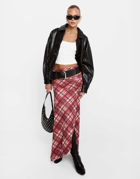 Princess Polly Cooperi ruched waist asymmetric front split maxi skirt in red check - view 1