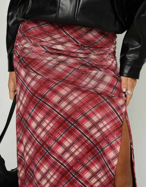 Princess Polly Cooperi ruched waist asymmetric front split maxi skirt in red check, 4 of 4