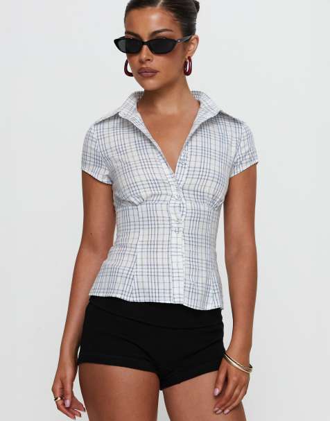 Princess Polly - Cottesloe - Blouse manches courtes à carreaux avec col - Blanc et bleu - view 1