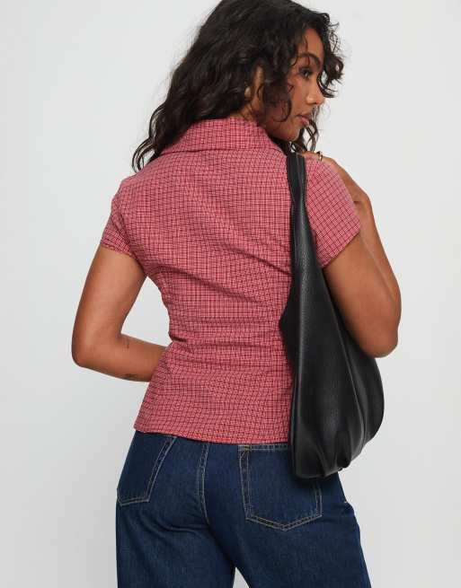 Princess Polly Cottesloe button through fitted short sleeve shirt in red check, 4 of 4