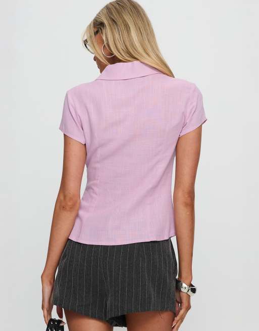 Princess Polly Cottesloe button up fitted short sleeve shirt in pink, 3 of 4