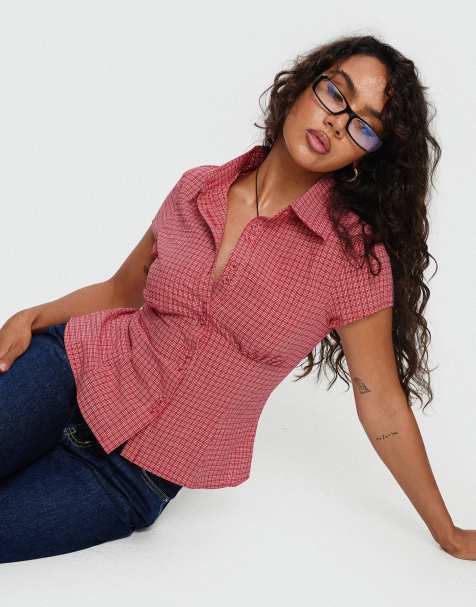 Princess Polly Cottesloe button up fitted short sleeve shirt in red plaid - view 1