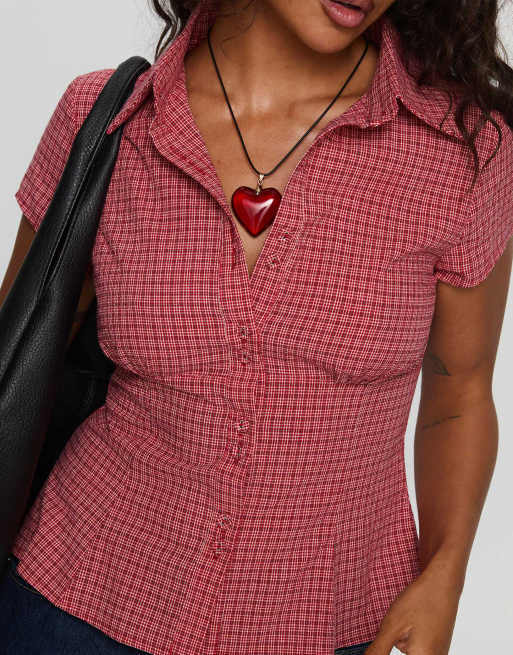 Princess Polly Cottesloe button up fitted short sleeve shirt in red plaid, 3 of 4