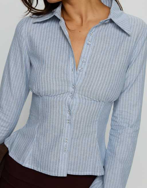 Princess Polly Cottesloe camicia aderente a maniche lunghe a righe sottili blu, 2 di 4