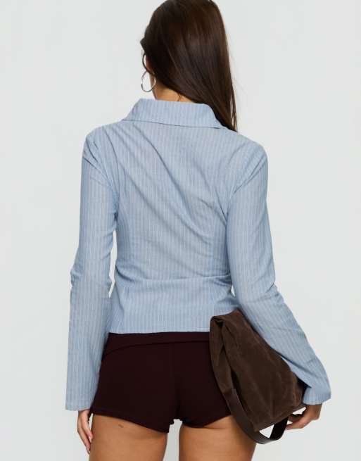 Princess Polly Cottesloe camicia aderente a maniche lunghe a righe sottili blu, 3 di 4
