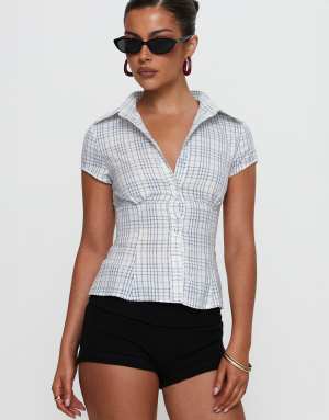 Princess Polly Cottesloe collared short sleeve blouse in white & blue check