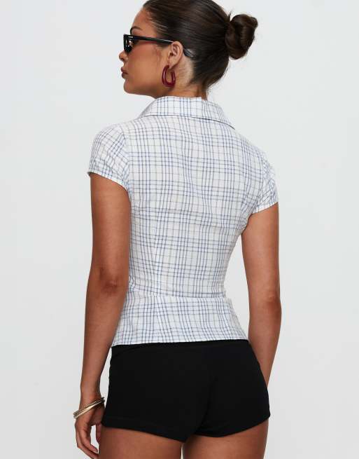 Princess Polly Cottesloe collared short sleeve blouse in white & blue check, 3 of 4