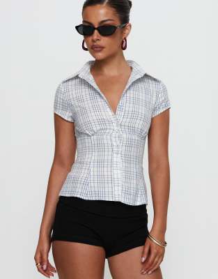 Princess Polly Cottesloe Collared Short Sleeve Blouse In Blue