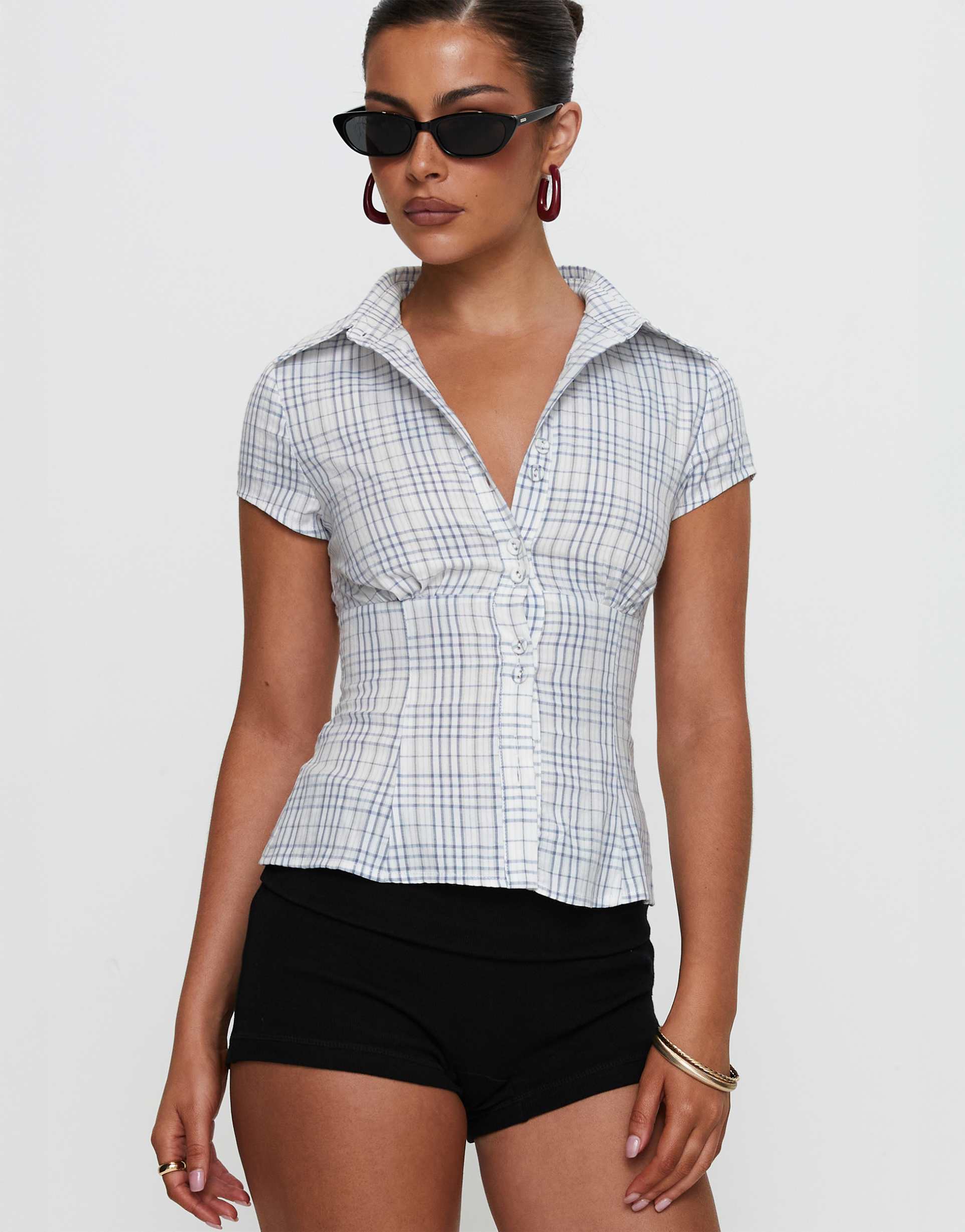 princess polly cottesloe collared short sleeve blouse in white & blue plaid