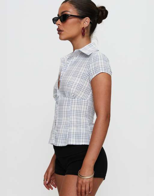 Princess Polly Cottesloe collared short sleeve blouse in white & blue plaid, 2 of 4