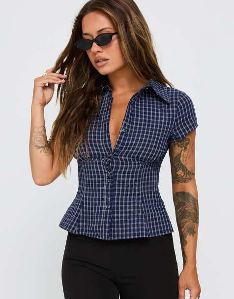 Princess Polly Cottesloe cotton rich pleat waist detail fitted short sleeve shirt in navy plaid - view 1