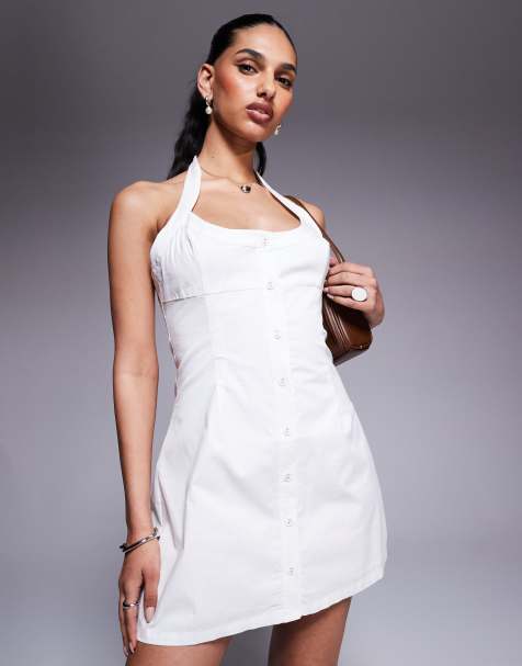 Princess Polly cotton poplin halterneck button through mini dress in white - view 1