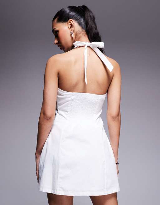 Princess Polly cotton poplin halterneck button through mini dress in white, 4 of 4