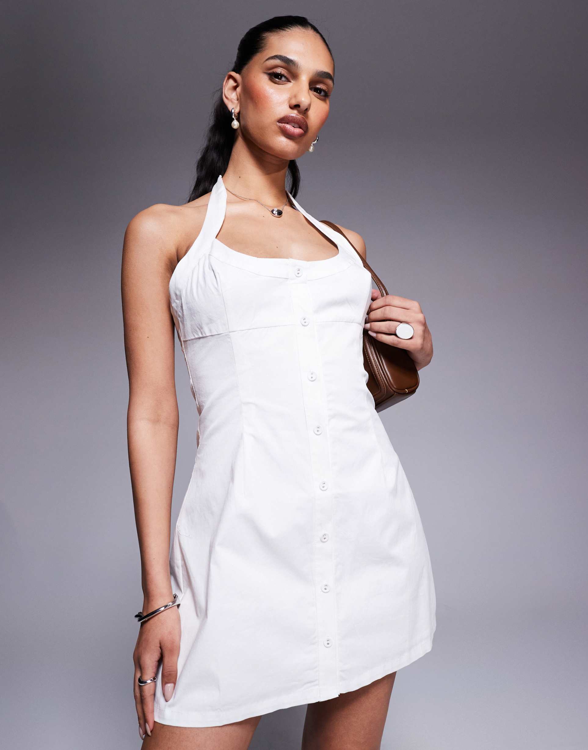 princess polly cotton poplin halterneck button up mini dress in white