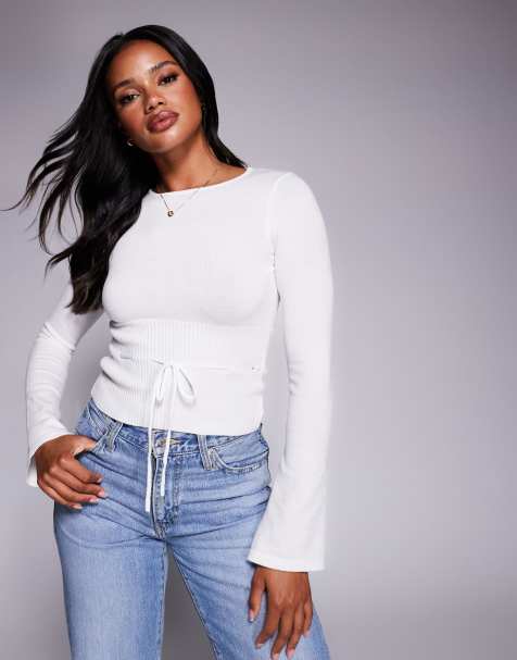 Princess Polly Craving flare sleeve tie waist structured jumper in white
