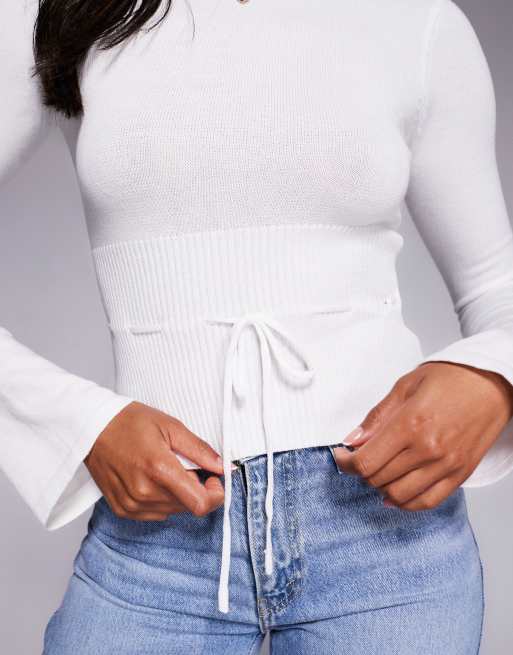 Princess Polly Craving flare sleeve tie waist structured jumper in white, 3 of 4