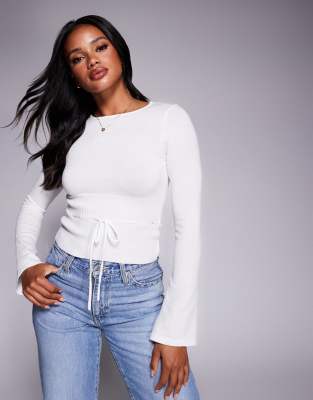 Princess Polly Craving Flare Sleeve Tie Waist Structured Sweater In White