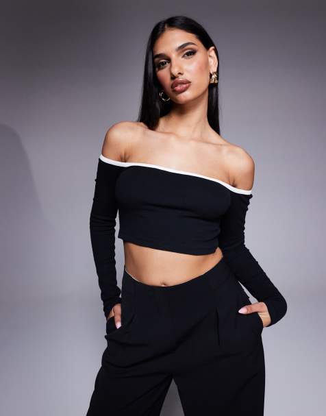 Princess Polly - Crop top nero monocromatico a maniche lunghe con scollo alla Bardot e bordo a contrasto - view 1