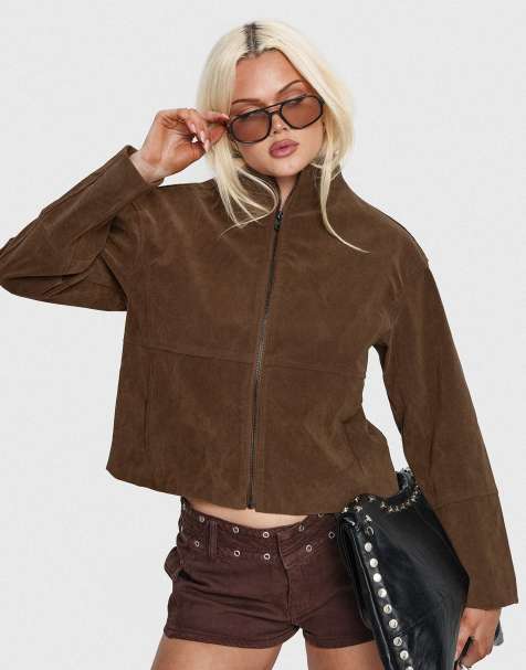 Princess Polly – Cropped-Jacke aus Wildlederimitat in Braun mit Stehkragen und Reißverschluss - view 1