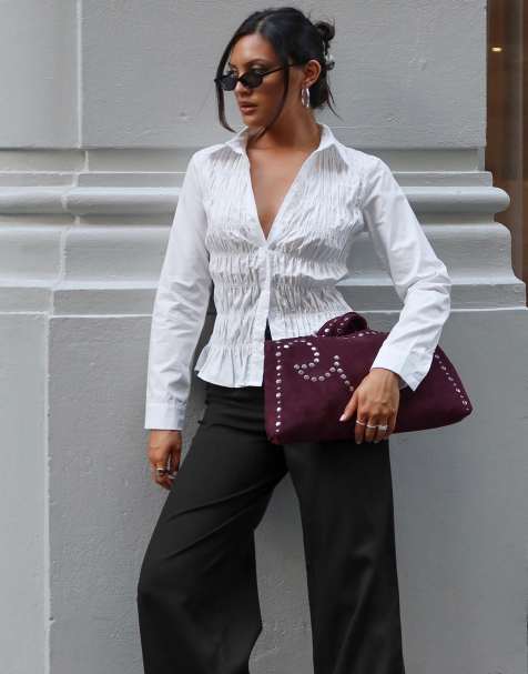 Princess Polly – Cultivate – Langärmlige, gesmokte Hemdbluse mit hohem Baumwollanteil in Weiß im 90er-Look - view 1