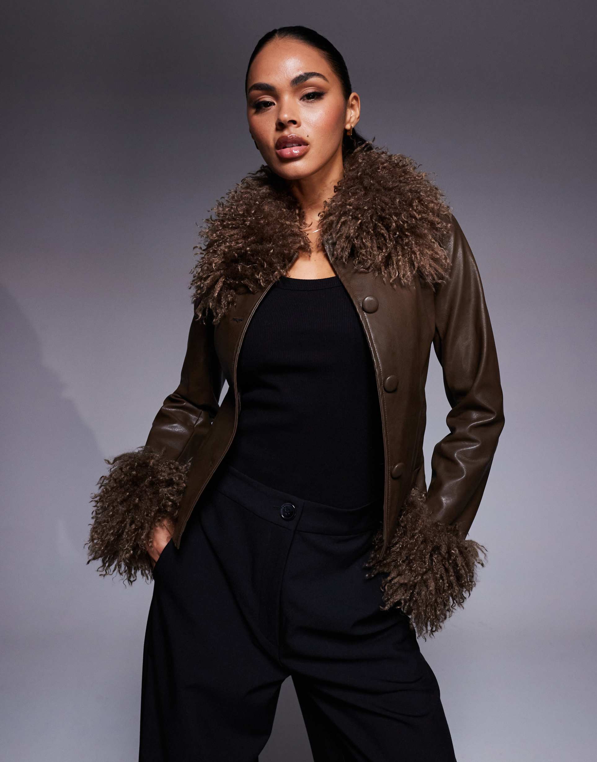 princess polly cupid shaggy faux fur trim leather look jacket in brown