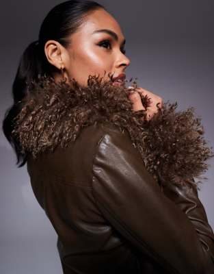 Princess Polly Cupid Shaggy Faux Fur Trim Leather Look Jacket In Brown