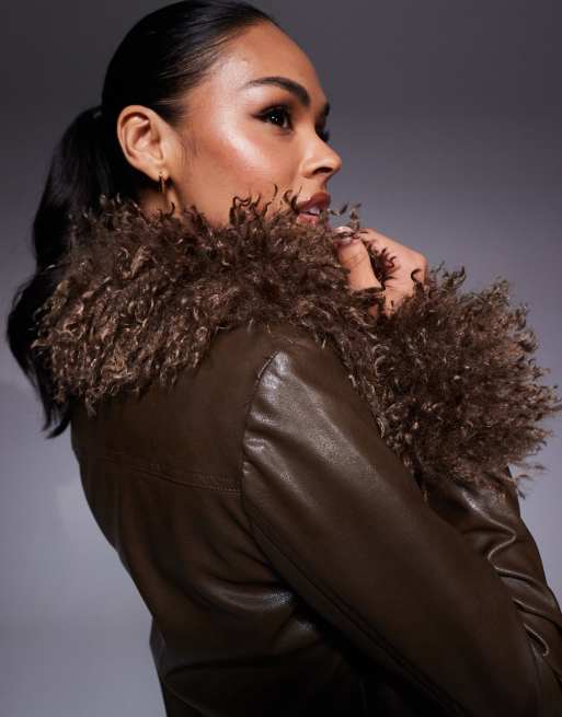 Princess Polly Cupid shaggy faux fur trim leather look jacket in