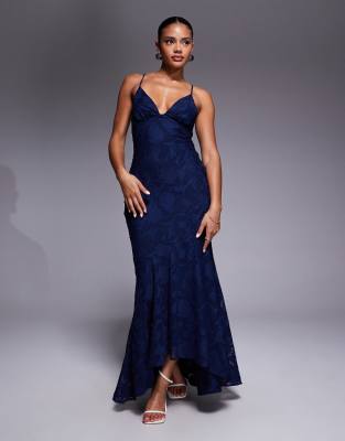 Princess Polly - Cyrene - Robe longue à ourlet asymétrique évasé et décolleté plongeant avec motif fleuri en dévoré et dos ouvert à lanières fines - Bleu marine