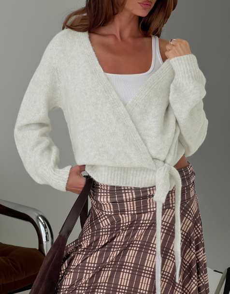 Princess Polly Daelan soft knit wrap tie detail cardigan in light grey - view 1