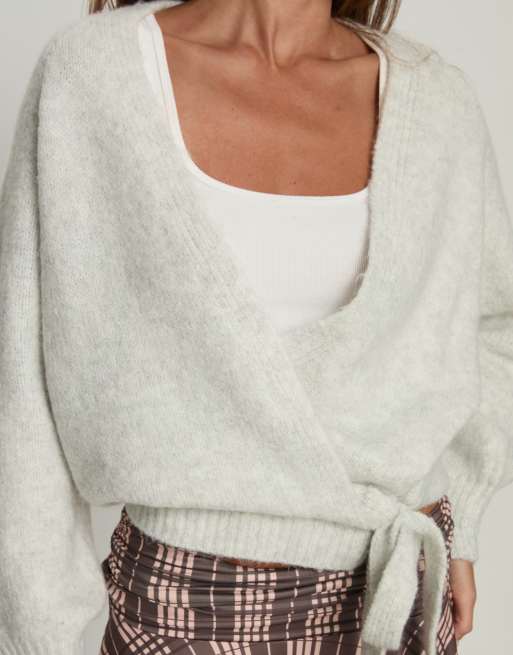 Princess Polly Daelan soft knit wrap tie detail cardigan in light grey, 2 of 4
