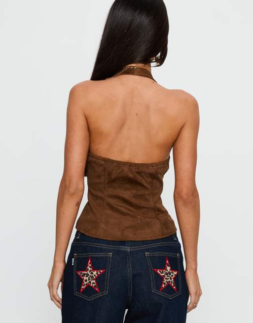 Princess Polly – Dalyah – Brun topp i mockaimitation med djup halterneck, 3 av 4
