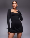 [Princess Polly] Princess Polly Dalzine slinky square neck tie bow flare sleeve detail mini dress in black 16 BLACK
