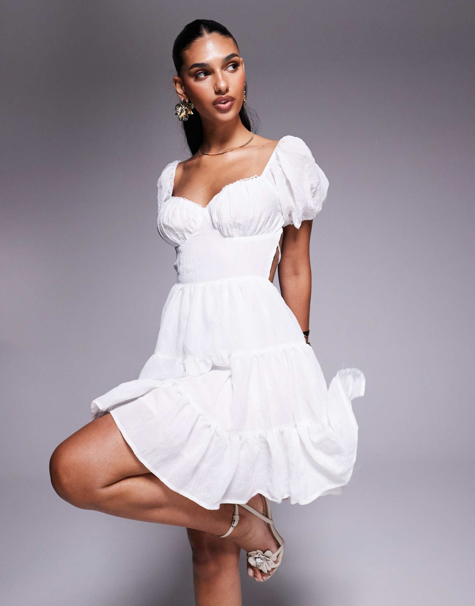 princess polly danny puff sleeve tie open back mini dress in white
