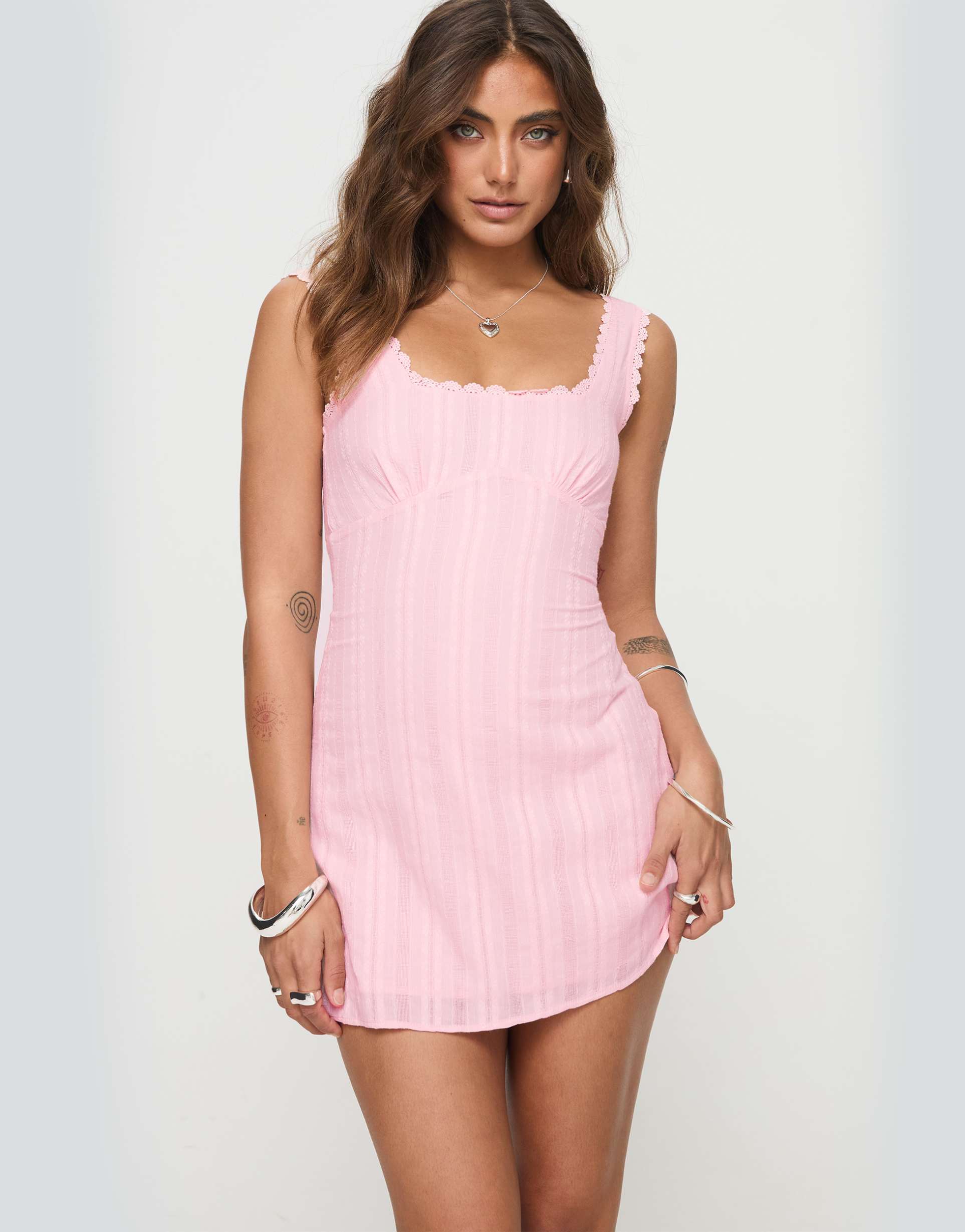 princess polly dasha cotton scallop detailing mini dress in pink