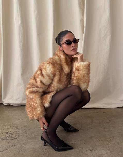 Princess Polly Dawn faux fur collared coat in light brown fawn print - view 1
