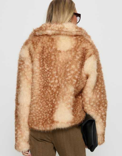 Princess Polly Dawn faux fur collared coat in light brown fawn print, 3 of 4