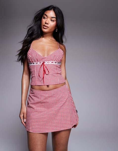Princess Polly Daydreaming ribbon & lace trim cropped cami top and mini skirt full set in red gingham - view 1