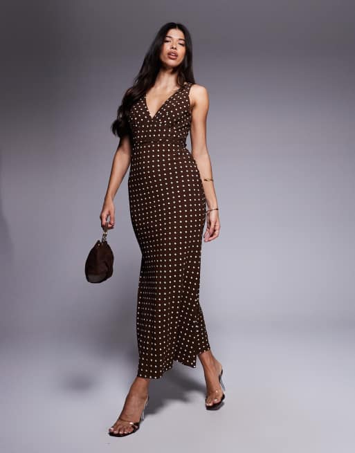 Princess Polly deep-v tie detail maxi slip dress in brown polka dot