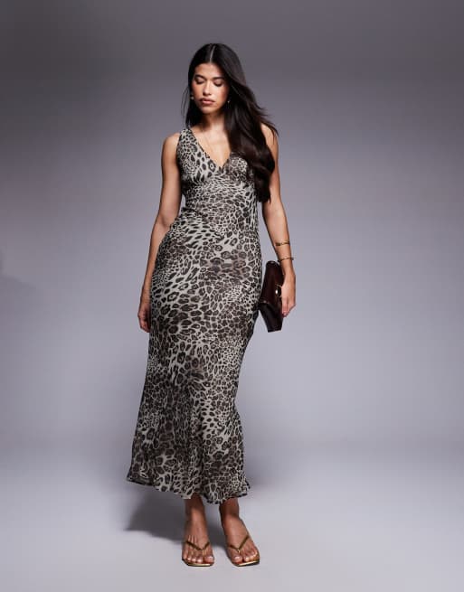 Princess Polly deep-v tie detail maxi slip dress in leopard