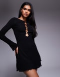 [Princess Polly] Princess Polly Dejonge lettuce edge hem open front ring detail mini dress in black 14 BLACK