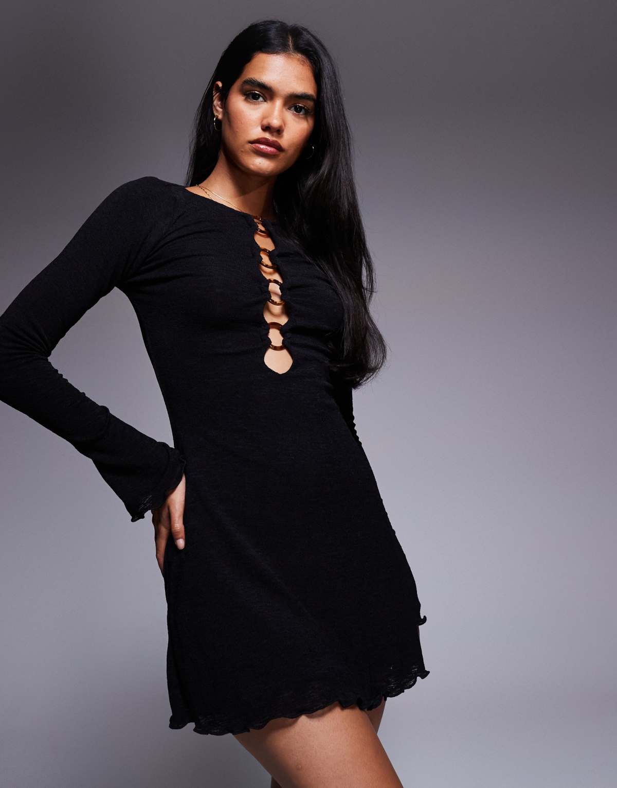 Princess Polly Dejonge lettuce edge hem ring detail open front detail mini dress in black