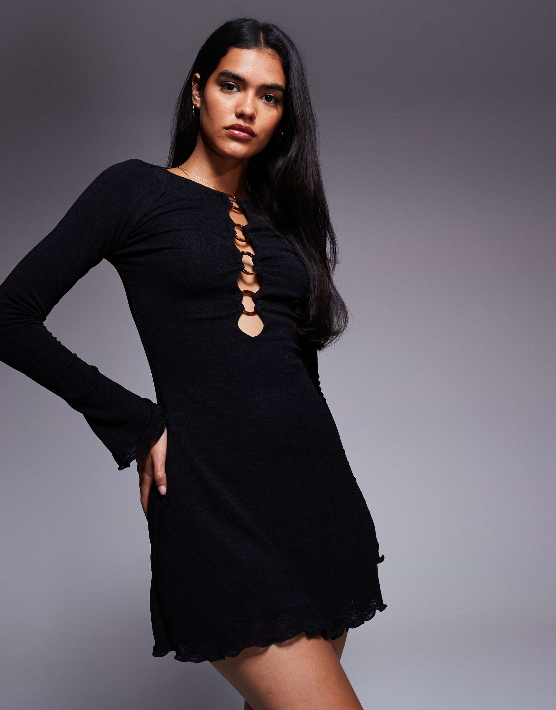 princess polly dejonge lettuce edge hem ring detail open front detail mini dress in black