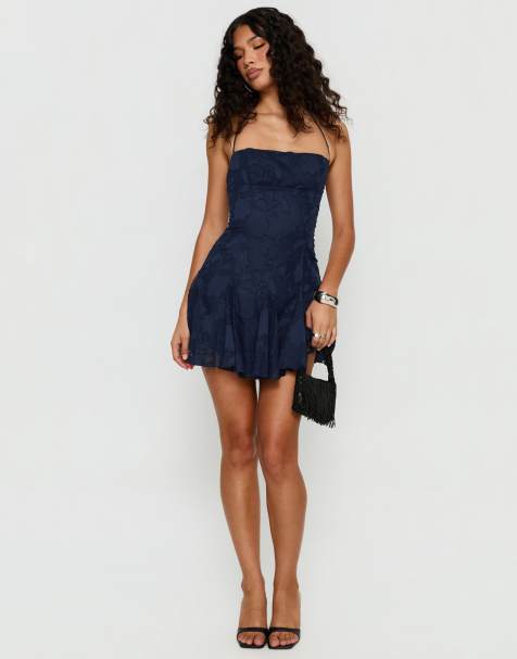 Princess Polly Delamere floral burnout thin strap halter neck pleat detail mini dress in navy - view 1