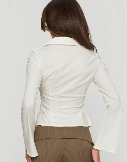 Princess Polly Delancy twist front detail flare sleeve shirt in white, 3 of 4