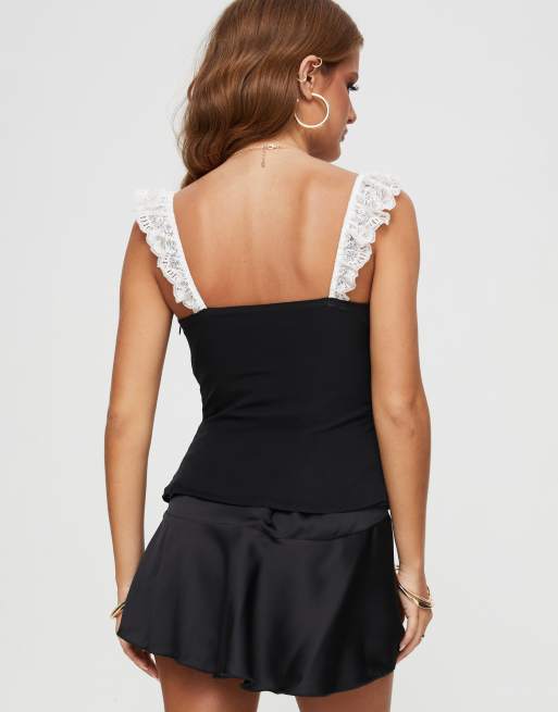 Princess Polly - Delvonte - Top nero e bianco con fiocco in pizzo a contrasto, 3 di 4