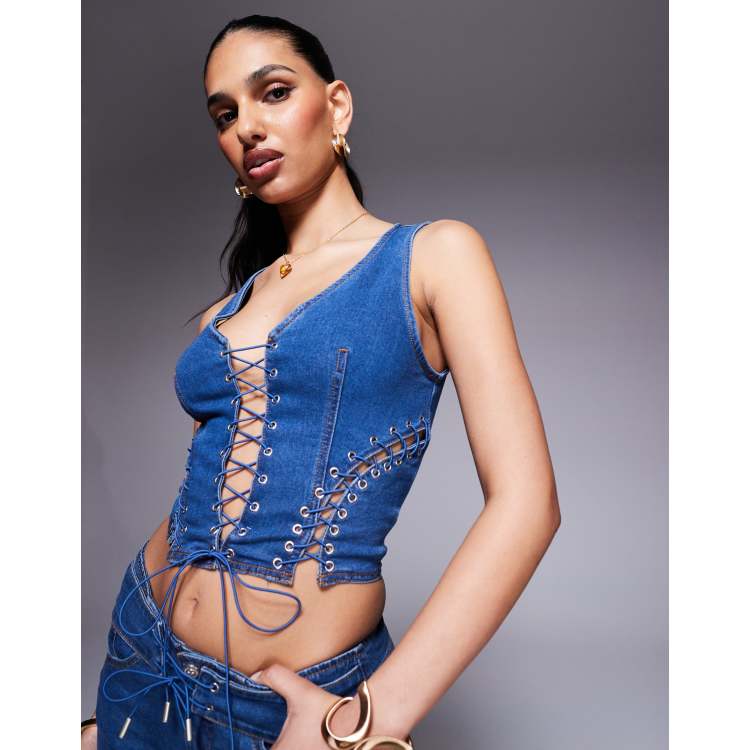 トップス ameri Corset Like Knit Blue FINAL SALE - Madison Knit Rib Corset Top - Emerald – J