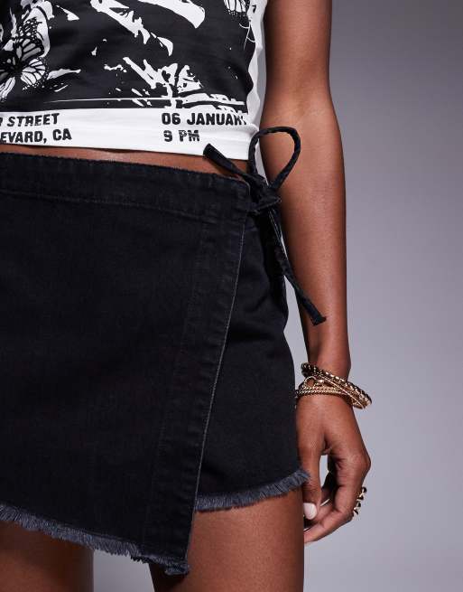 ★ DIAGONAL★ DENIM WRAP SKIRT SHORTS black DA251PT08BK INSPIRE CHIC Women's Denim Skort Zipper Decor Y2K High