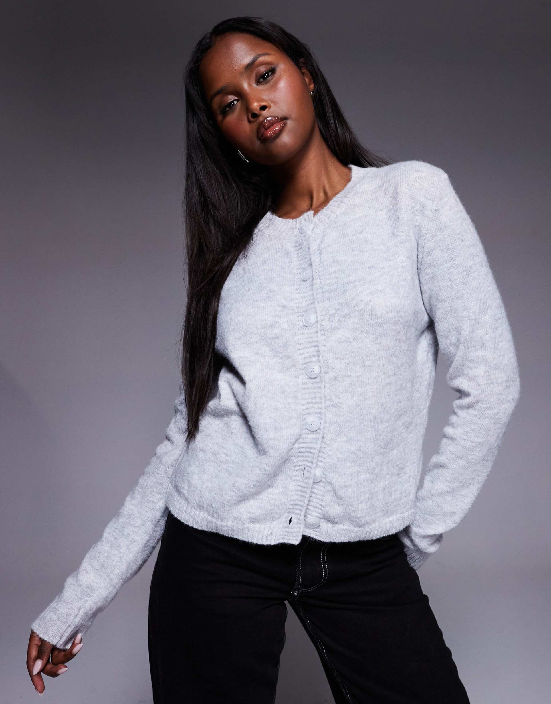 princess polly denmark soft knit button through cardigan in light gray