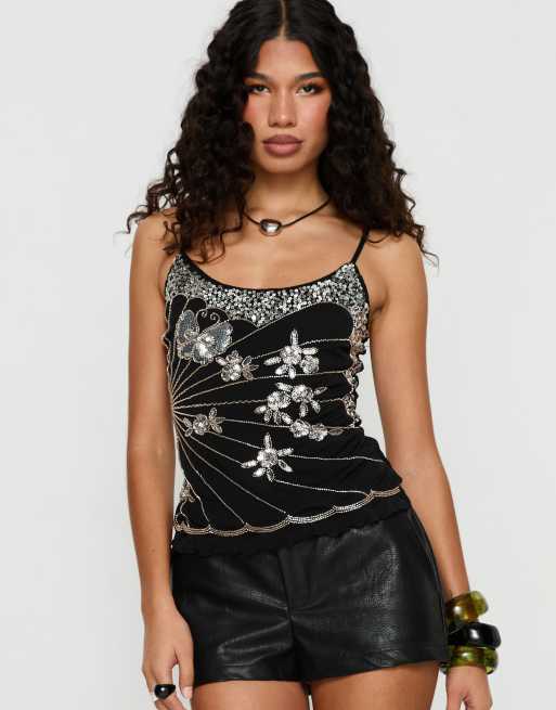 Princess Polly - Devondra - Canottiera in rete nera con rivestimento in paillettes, 4 di 4